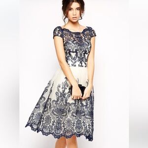 NWT Chi Chi London Navy and Cream Lace Midi Dress